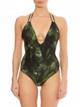 MELISSA ODABASH Casablanca halterneck swimsuit green palm print ~ luxe style swimwear ~ luxury swimsuits ~ chic poolside fashion ~ beachwear ~ holiday accessories