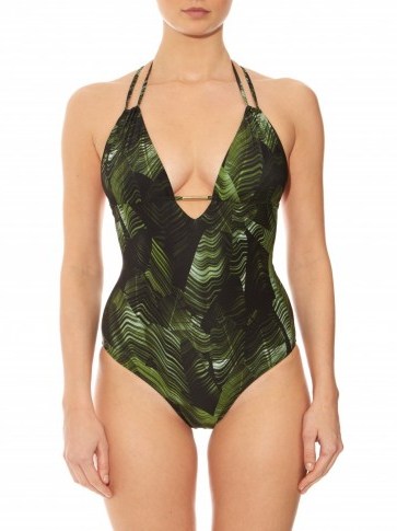 MELISSA ODABASH Casablanca halterneck swimsuit green palm print ~ luxe style swimwear ~ luxury swimsuits ~ chic poolside fashion ~ beachwear ~ holiday accessories - flipped