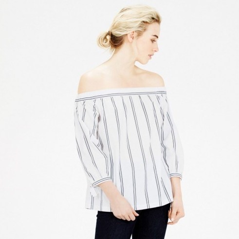 Warehouse cotton off the shoulder top navy stripe. Summer tops – holiday blouses – stripes - flipped