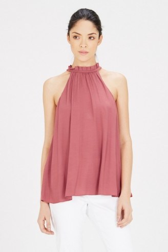 WAREHOUSE FRILL NECK HALTER – pink halterneck tops – sleeveless blouses - flipped