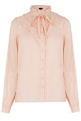 WAREHOUSE JACQUARD RUFFLE FRONT BLOUSE – pale pink blouses – high neck – ruffled
