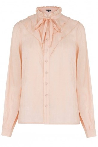 WAREHOUSE JACQUARD RUFFLE FRONT BLOUSE – pale pink blouses – high neck – ruffled - flipped