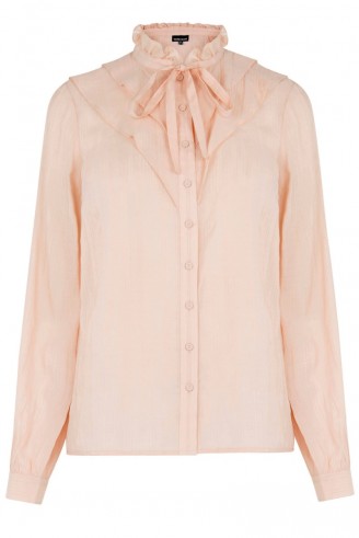 WAREHOUSE JACQUARD RUFFLE FRONT BLOUSE – pale pink blouses – high neck – ruffled