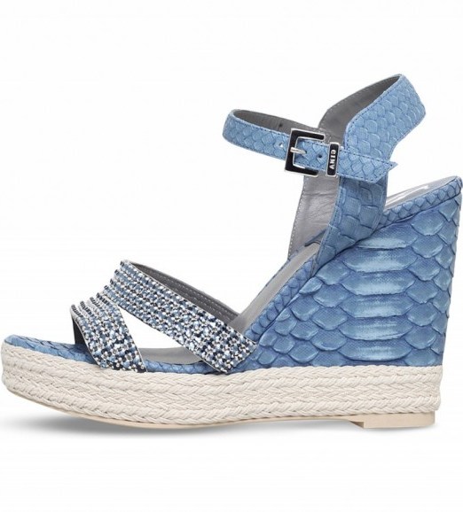 GINA Tati swarovski crystal-embellished snakeskin wedge sandals. Designer wedges | summer shoes | blue sandal | holiday accessories | high heels - flipped