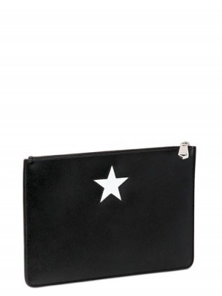 GIVENCHY MEDIUM SMOOTH BLACK LEATHER POUCH WITH STAR – designer clutch bags – luxury accessories – day or evening chic style – occasion handbags - flipped