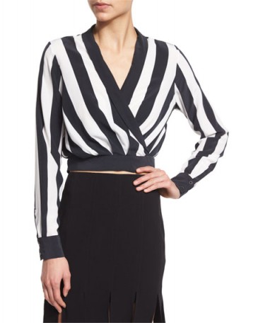 Kendall + Kylie Long-Sleeve V-Neck Striped Crop Top, Stripe Print – as worn by Kendall Jenner at the Neiman Marcus dinner in Los Angeles, 31 March 2016. Celebrity fashion | black and white tops | monochrome