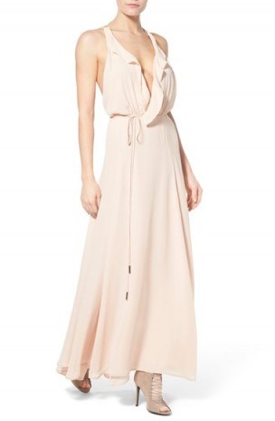 KENDALL + KYLIE Ruffle Wrap Maxi Dress in soft pink. Plunge front | summer fashion | long holiday dresses | deep V neckline | plunging necklines | ruffles - flipped