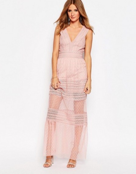 Millie Mackintosh Plunge Neck Maxi Dress With Sheer Inserts pink. Long party dresses – semi sheer evening wear – going out fashion - flipped