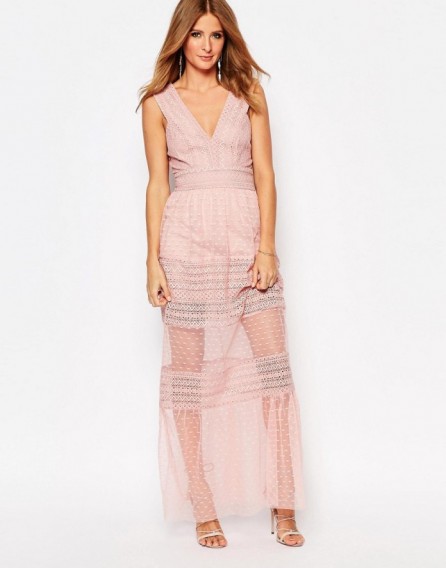 Millie Mackintosh Plunge Neck Maxi Dress With Sheer Inserts pink. Long party dresses – semi sheer evening wear – going out fashion