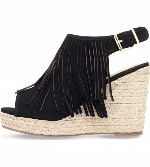 MISS KG Peyton black suedette wedge sandals. Summer wedges | fringed shoes | fringe embellished | holiday sandal | high heels - flipped