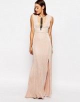 Missguided Pleated Plunge Maxi Dress in nude. Plunging necklines | deep V front | low cut neckline | long occasion dresses | evening wear | going out fashion