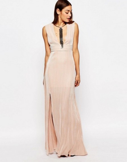 Missguided Pleated Plunge Maxi Dress in nude. Plunging necklines | deep V front | low cut neckline | long occasion dresses | evening wear | going out fashion - flipped