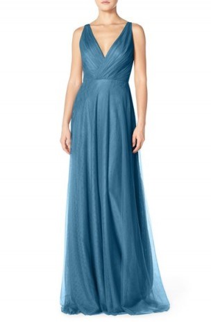 Monique Lhuillier Bridesmaids Back Cutout Pleat Tulle Gown in lapis. Blue bridesmaid dresses | plunge front | plunging occasion gowns | low cut necklines - flipped