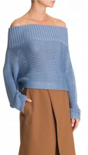 TIBI – NEO SILK OVERSIZED CROPPED PULLOVER in morning blue – as worn by Rosie Huntington-Whiteley! off the shoulder jumpers ~ feminine knitwear - flipped