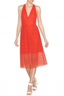 alice + olivia Noreen Deep V-Neck Dress in red. Low cut necklines | lace dresses | plunging neckline | plunge front - flipped