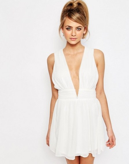 Oh My Love Grecian Plunge Mini Dress in white. Low cut party dresses | deep V necklines | plunging front going out fashion - flipped