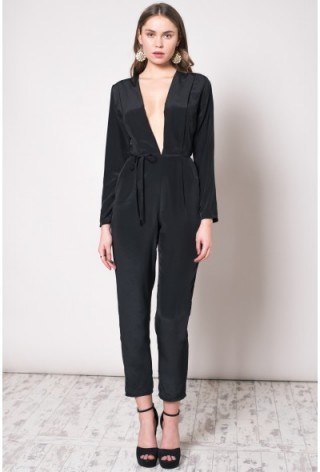Oh My Love Plunge Long Sleeve Jumpsuit With Tie Black. Plunge front jumpsuits | going out fashion | evening wear | deep V necklines | plunging neckline | party clothing - flipped