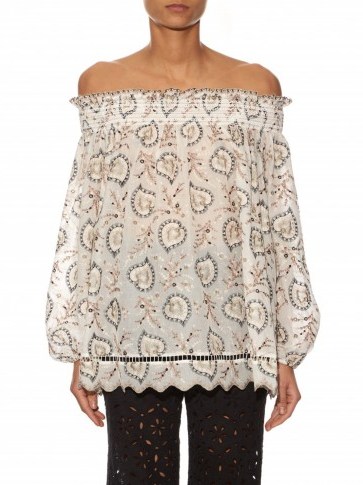 ZIMMERMANN Pavilion off-the-shoulder cotton-voile top ~ luxe ~ paisley ~ luxury ~ printed tops ~ prints ~ summer ~ holiday ~ fashion ~ designer - flipped