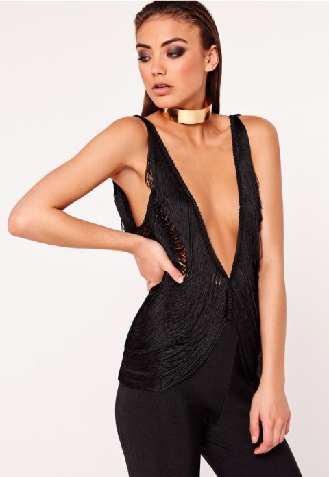 MISSGUIDED – peace + love fringed drape top black. Plunge front evening tops | going out fashion | plunging necklines | deep V neckline | party style - flipped