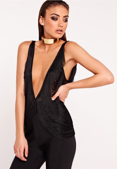 MISSGUIDED – peace + love fringed drape top black. Plunge front evening tops | going out fashion | plunging necklines | deep V neckline | party style