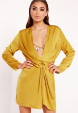 MISSGUIDED – peace + love satin wrap mini dress chartreuse. Plunge front party dresses | sexy evening fashion | going out glamour | plunging neckline