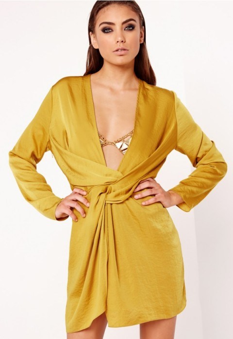 MISSGUIDED – peace + love satin wrap mini dress chartreuse. Plunge front party dresses | sexy evening fashion | going out glamour | plunging neckline - flipped