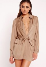 MISSGUIDED – peace + love satin wrap playsuit nude. Plunge front playsuits | evening fashion | sexy party style | plunging necklines