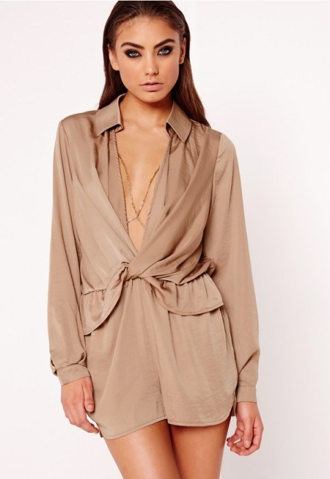 MISSGUIDED – peace + love satin wrap playsuit nude. Plunge front playsuits | evening fashion | sexy party style | plunging necklines - flipped