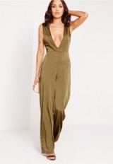 MISSGUIDED silky plunge wide leg jumpsuit in khaki. Plunge front | plunging necklines | green jumpsuits | going out | deep V neckline | evening wear