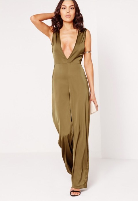 MISSGUIDED silky plunge wide leg jumpsuit in khaki. Plunge front | plunging necklines | green jumpsuits | going out | deep V neckline | evening wear - flipped