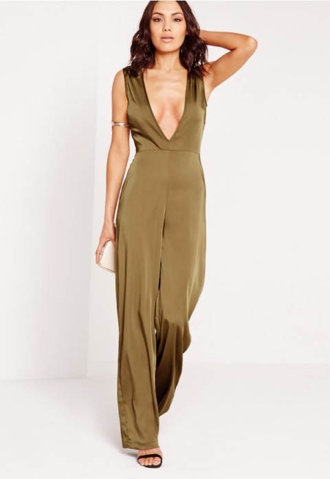 MISSGUIDED silky plunge wide leg jumpsuit in khaki. Plunge front ...