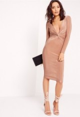 MISSGUIDED slinky knot front midi dress in nude. Plunge front party dresses | plunging necklines | deep V neckline | going out glamour