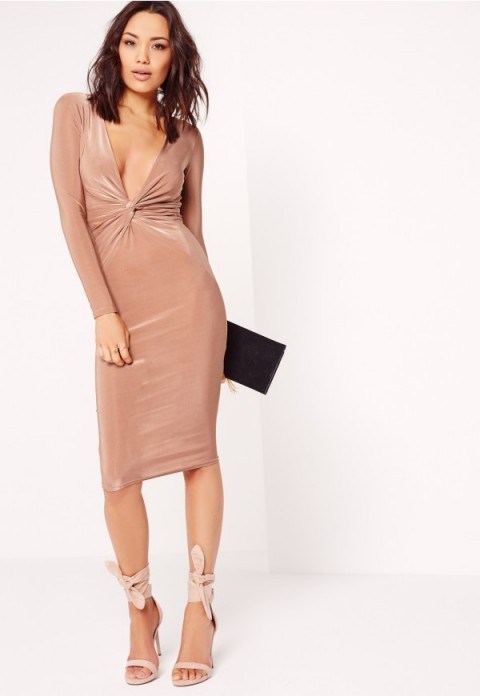 MISSGUIDED slinky knot front midi dress in nude. Plunge front party dresses | plunging necklines | deep V neckline | going out glamour - flipped