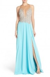 Terani Couture Embellished Bodice Chiffon Gown in aqua. Plunge front gowns | long occasion dresses | evening wear | deep V necklines