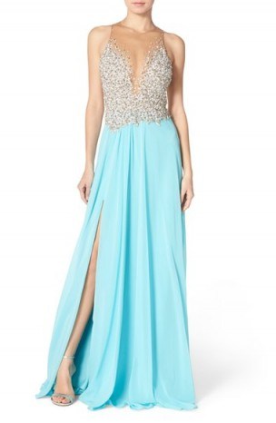 Terani Couture Embellished Bodice Chiffon Gown in aqua. Plunge front gowns | long occasion dresses | evening wear | deep V necklines - flipped