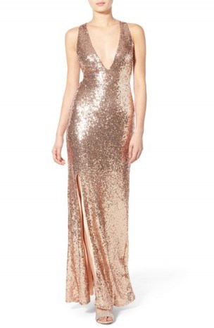 TFNC – Tallulah Sequin Sleeveless Gown in pink. Long evening gowns | plunge front occasion dresses | deep V neckline - flipped
