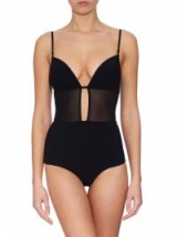 ZIMMERMANN Ticking plunge-neck swimsuit in black with plunging neckline and sheer panel ~ luxe swimwear ~ designer swimsuits ~ chic poolside fashion ~ luxury beachwear ~ holiday accessories ~ summer style