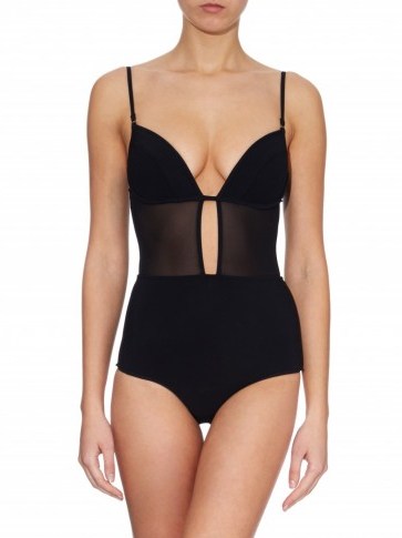 ZIMMERMANN Ticking plunge-neck swimsuit in black with plunging neckline and sheer panel ~ luxe swimwear ~ designer swimsuits ~ chic poolside fashion ~ luxury beachwear ~ holiday accessories ~ summer style - flipped