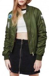 Topshop – Bruce Patch Detail MA1 Bomber Jacket in olive. Casual green jackets | weekend fashion