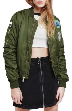 Topshop – Bruce Patch Detail MA1 Bomber Jacket in olive. Casual green jackets | weekend fashion - flipped