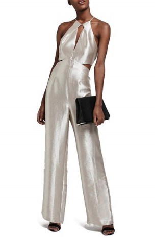 Topshop – Cutout Metallic Jumpsuit in silver. Plunge front | occasion jumpsuits | deep V necklines | evening wear | party fashion - flipped