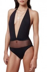 Topshop Plunging Halter Swimsuit with Sheer Mesh Panel in black. Plunge front swimsuits | deep V swimwear | poolside chic | holiday beachwear | beach fashion | summer style clothing