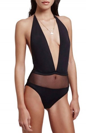 Topshop Plunging Halter Swimsuit with Sheer Mesh Panel in black. Plunge front swimsuits | deep V swimwear | poolside chic | holiday beachwear | beach fashion | summer style clothing - flipped