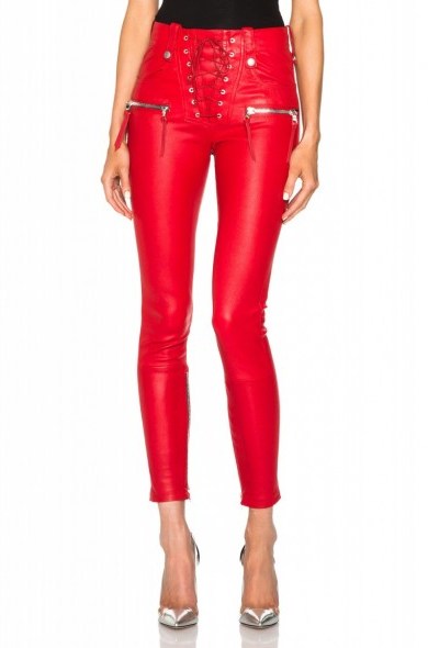 UNRAVEL LACE FRONT LEATHER SKINNY PANTS in red. Fashion | trousers | zips - flipped