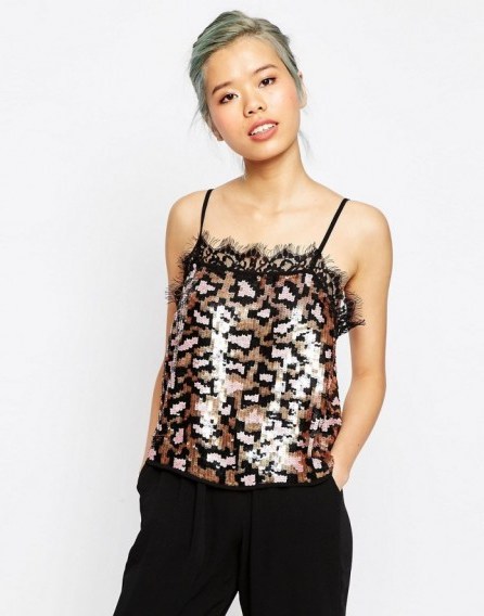 ASOS Sequin Animal Cami Top. Leopard print tops – camisoles – embellished camisole - flipped