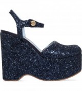CHIARA FERRAGNI Mj glitter-embellished wedge sandals in navy blue. Designer shoes | embellished wedges | high heels