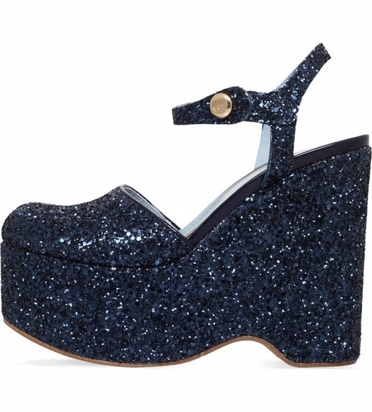 CHIARA FERRAGNI Mj glitter-embellished wedge sandals in navy blue. Designer shoes | embellished wedges | high heels - flipped