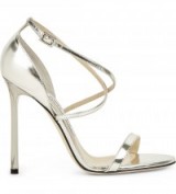 JIMMY CHOO Hesper silver metallic-leather heeled sandals – Blake Lively style shoes, worn with a yellow silk Valentino sundress at the 2016 Cannes Film Festival