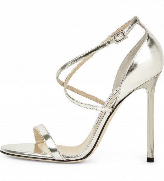 JIMMY CHOO Hesper silver metallic-leather heeled sandals – Blake Lively style shoes, worn with a yellow silk Valentino sundress at the 2016 Cannes Film Festival - flipped