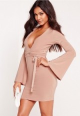 MISSGUIDED – slinky plunge long sleeve tie waist bodycon dress rose pink – party dresses – going out fashion – plunging front evening wear – glamour – glamorous looks